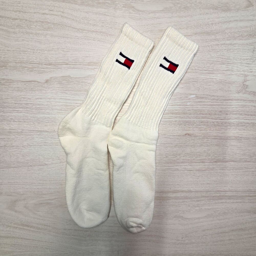 Tommy Hilfiger Men's White Crew Socks Classic Flag Logo Ribbed (1 Pair) 10/12